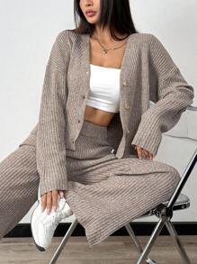 Chiquease Ribbed V-Neck Casual Solid Color Elegant Commute Fitted Knit Two-Piece Set - Apricot - View 3