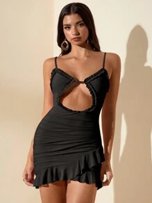 SHEIN BAE 夏季甜美、优雅、性感纯色镂空领口多层荷叶边不对称下摆吊带裙女 - 黑色 - 查看 6