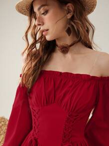 SHEIN MOD فستان نسائي أنيق ذو لون واحد عاري الكتف ومزود بربطة خصر وأكمام متسعة، مناسب للعطلات