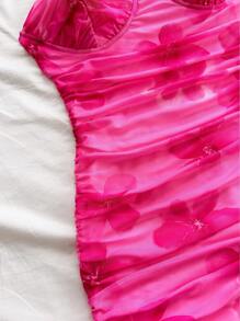 Soleia 女士度假淡粉色网眼花卉印花褶皱吊带迷你连衣裙，秋季分层风格