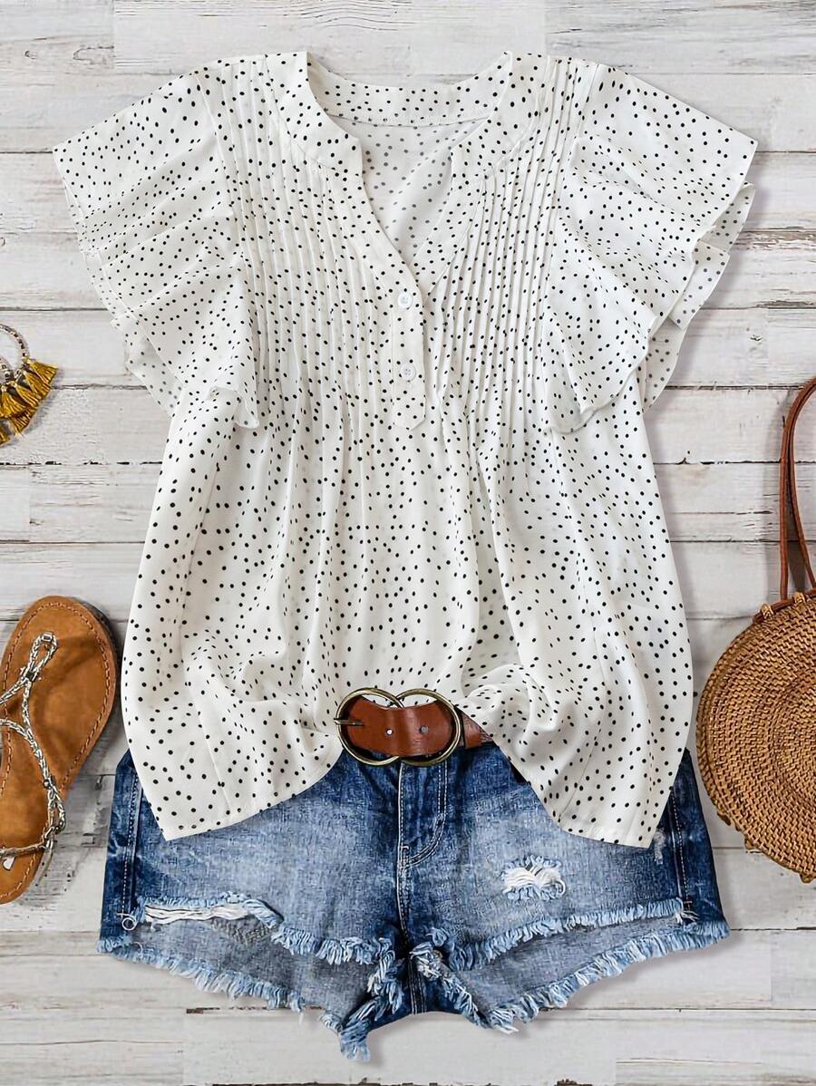 EMERY ROSE Casual V-Neck Keyhole Ruffle Sleeve Polka Dot Blouse,Short Sleeve Tops - White - View 1