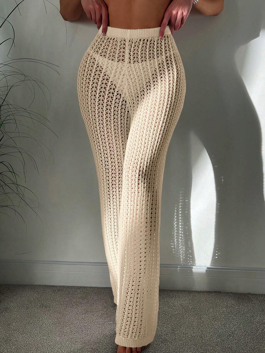 SHEIN Swim Summer Beach Hollow Out Knitted See-Through Cover-Up Pants, Holiday
