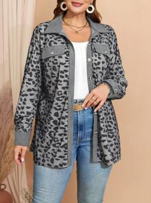 EMERY ROSE Plus Size Casual Corduroy Leopard Print Jacket, Autumn & Winter - Multicolor - View 5