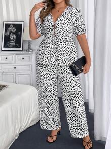 Franclia Plus Size Women Deep V-Neck Polka Dot Print Short Sleeve Blouse With Tie-Up And Loose Straight Pants