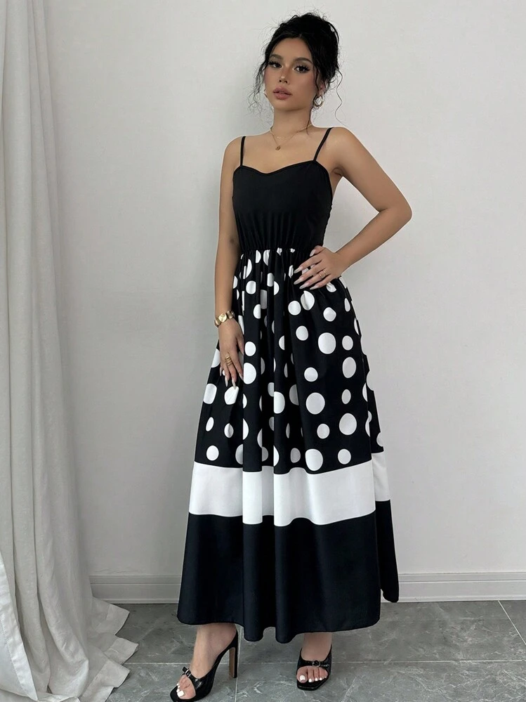 Chiquease Women's Elegant Black And White Polka Dot Spaghetti Strap Dress, Summer