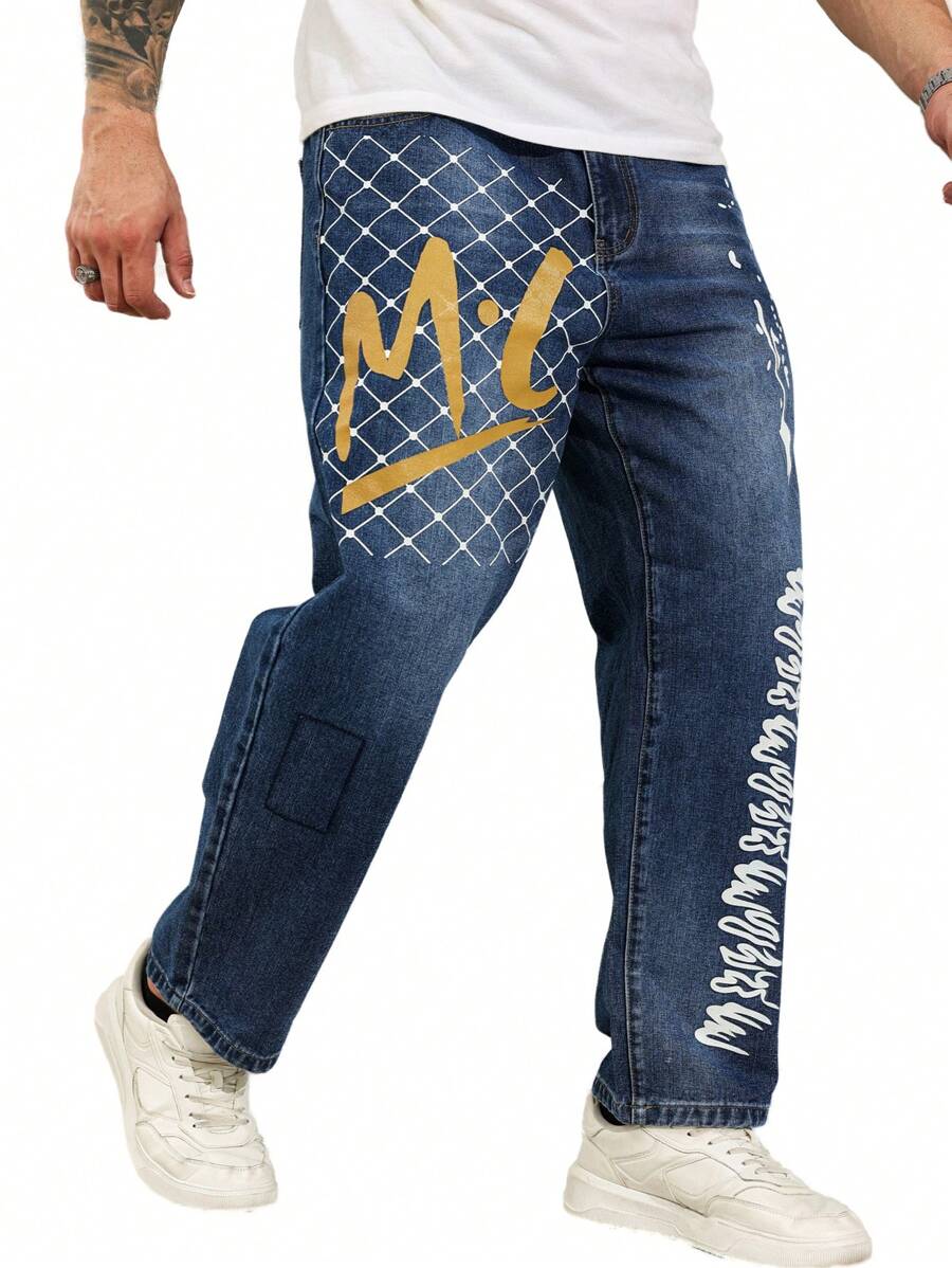 Manfinity Homme Plus Size Men's Letter Print Patch Pocket Straight Loose Casual Denim Jeans - Medium Wash - View 1