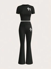 Slaydiva 2pcs Simple Casual Round Neck Short Sleeve Cropped Top & Flared Long Pants Set - Cross Print Design For Women - Black - View 1
