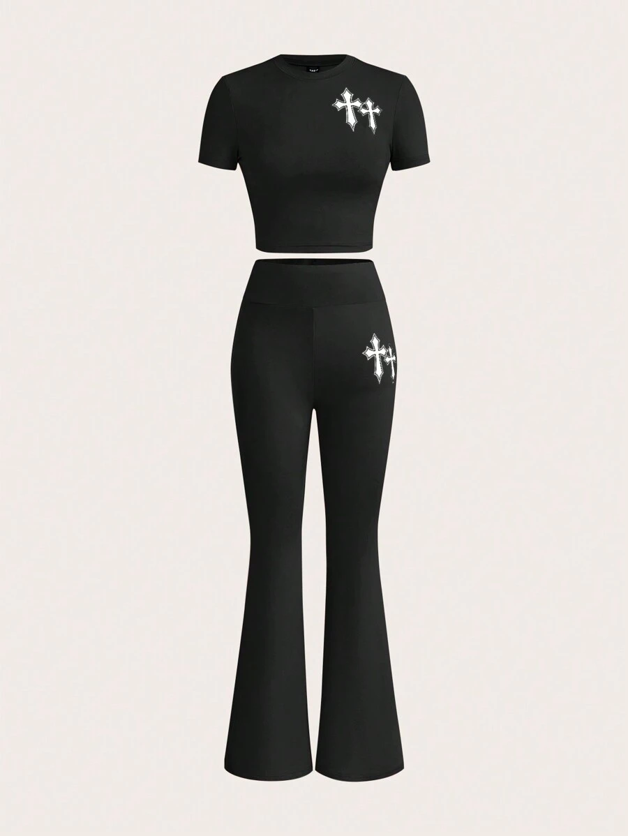 Slaydiva 2pcs Simple Casual Round Neck Short Sleeve Cropped Top & Flared Long Pants Set - Cross Print Design For Women - Black - View 1