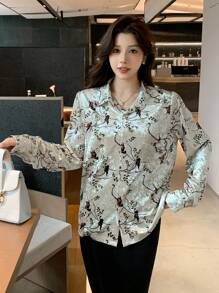 DAZY 1pc Women's Full Floral Print Long Sleeve Blouse,Fall Clothes Graphic Tee - Apricot - View 1