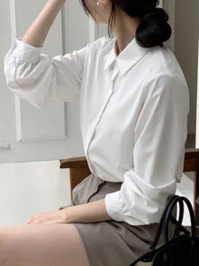 DAZY 纯色隐形纽扣前襟衬衫，女士休闲纽扣长袖领口常规版型常规白色常规袖衬衫女式衬衫，春季/秋季，职业/商务装/工作服，长袖上衣，返校服 - 白色 - 查看 5