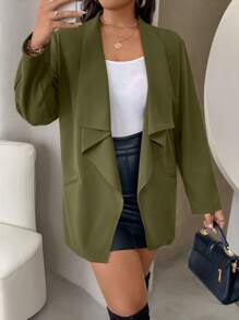 SHEIN Clasi Plus Solid Waterfall Collar Open Front Blazer - Green - View 1