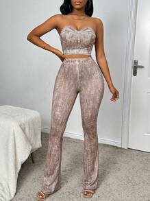 Zolique Women's Knitted Digital Denim Effect Positioning Printing Two-Piece Set - Brown - View 3