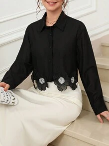 Chiquease Áo cánh tay ngắn thêu họa tiết hoa 3D viền gấu thời trang, áo dài tay - màu đen - Xem 5