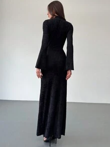 Aloruh Modisches figurbetontes schwarzes Minikleid mit Rundhalsausschnitt, sexy tiefem Bund, Hohlmuster und Twist zur Verdeckung des Bauchs für Damen