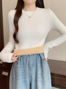 DAZY Women's Solid Color Round Neck Long Sleeve Thermal Lined Thick Sweater, Fall/Winter