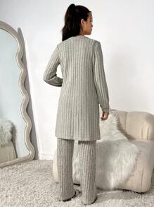 Teen Girls Solid Color Long Sleeve Cardigan, Vest And Ribbed Pants 3pcs Casual Outfit, Spring Autumn