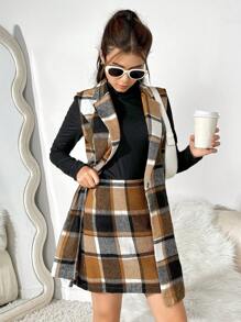 3pcs Teen Girls Plaid Suit Set: Blazer Vest Pencil Skirt, Fitted Blouse, Casual To Formal Wear, Autumn Winter - Multicolor - View 1