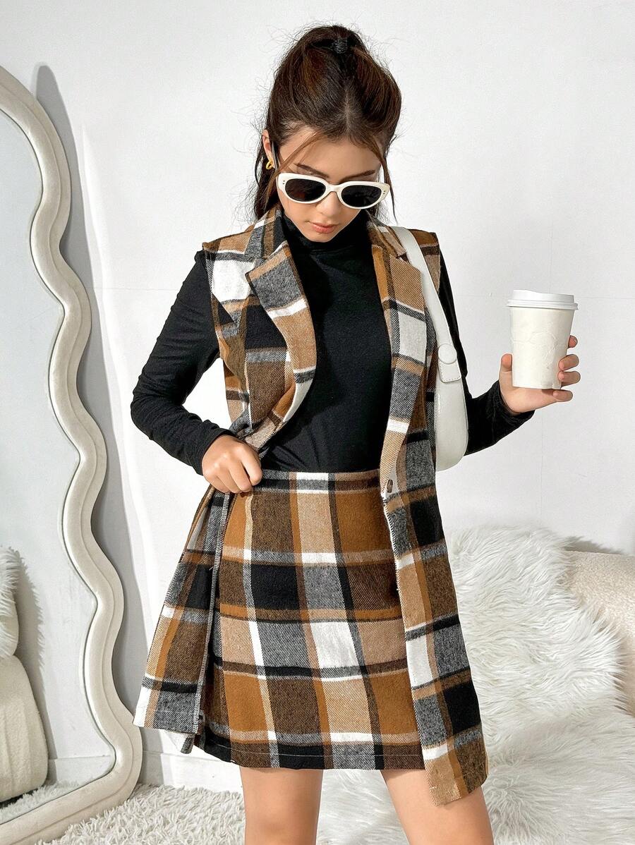 3pcs Teen Girls Plaid Suit Set: Blazer Vest Pencil Skirt, Fitted Blouse, Casual To Formal Wear, Autumn Winter - Multicolor - View 1