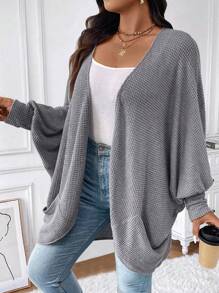 Calvaya Plus Size Women's Solid Color Batwing Sleeve Open Front Loose Coat, Spring & Autumn - Grey - View 4