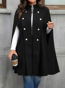 SHEIN LUNE Plus Size Women Solid Color Cape Sleeve Overcoat, For Winter - Black - View 6