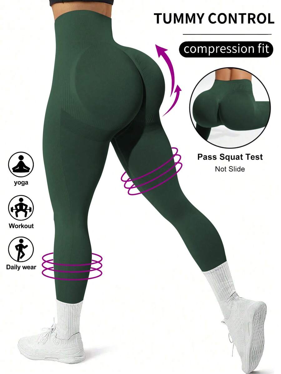 Easithlete Leggings de yoga inconsútil de cintura ancha de moldeador cadera Medias de entrenamiento - Verde Oscuro - Ver 1