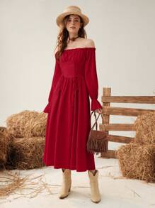 SHEIN MOD فستان نسائي أنيق ذو لون واحد عاري الكتف ومزود بربطة خصر وأكمام متسعة، مناسب للعطلات