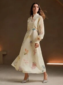 Anewsta 女式 V 领纽扣长袖花卉欧根纱连衣裙长款女装 - 白色 - 查看 4