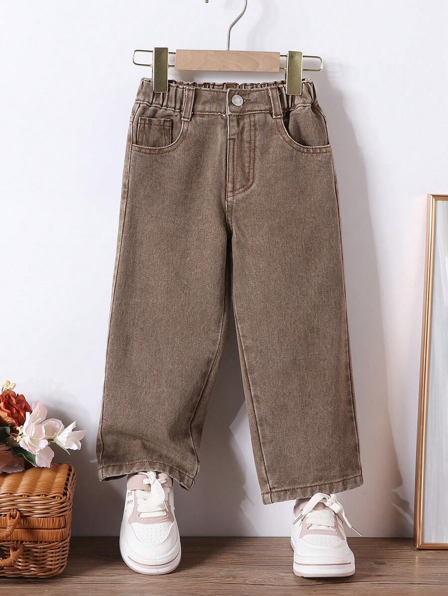 SHEIN Young Girl Retro All-Match Casual Loose Comfortable Flare Leg Coffee Brown Denim Jeans Summer Holiday - Coffee Brown - View 1