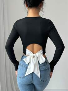 Chiquease Women's Contrast Color Bow Decor Long Sleeve T-Shirt Fall Cloth For Women - Black - View 2