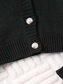 SHEIN 少女时尚简约针织开衫和宽腿宽松针织裤套装 - 黑色 - 查看 5