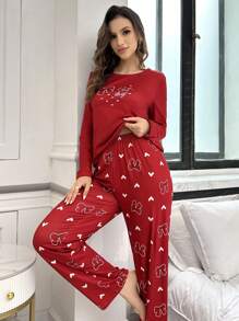 蝴蝶结爱心图案印花圆领长袖上衣和裤子睡衣套装，秋冬舒适优雅细节 - 紅色 - 查看 6