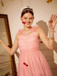 SHEIN Hochwertiges Cocktail-Kleid für Teenager Mädchen mit einem Schulter und Schlitz, geeignet für Blumenmädchen, Hochzeit, Party, Aufführung, passend für Weihnachten, Halloween, Erntedankfest - Pink - Übersicht 3