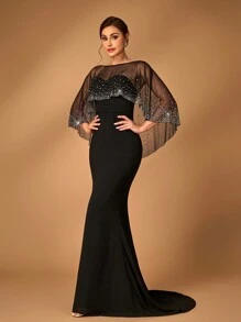 Serin 优雅经典黑色雪纺拼接华丽网纱细闪烫钻精湛工艺抹胸披肩披肩2件套鱼尾款及地下摆适合妈妈出席婚礼活动晚宴舞会正式妈妈装妈妈晚礼服，新娘妈妈礼服 - 黑色 - 查看 7