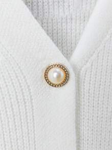 SHEIN MOD Cardigan Bordado com Gola em V, Manga Balão e Botões para Mulheres, Outono e Inverno, Suéter Oversized Vintage, Suéters para Chá da Tarde no Outono, Looks para Sair - Branco - Visão 6