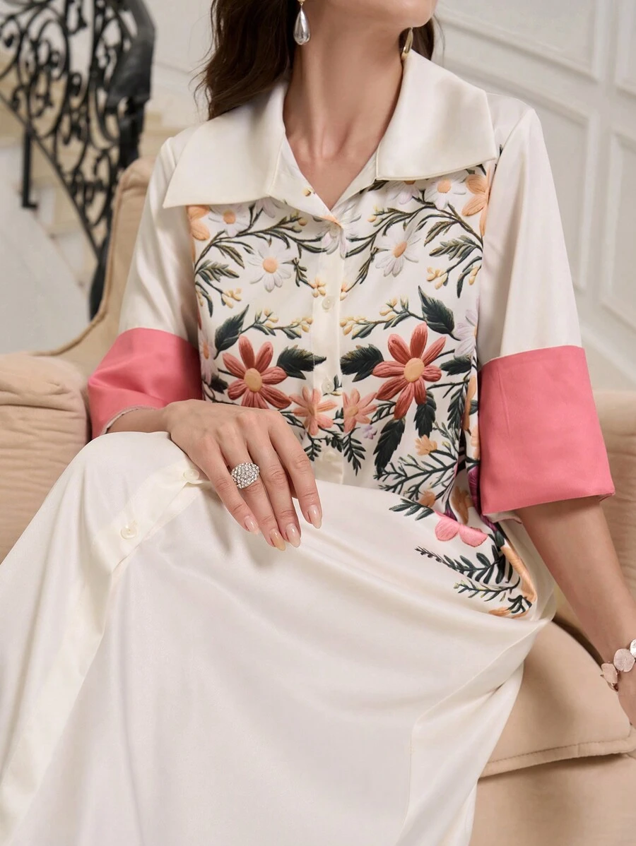 Al Najma 女士休闲印花简约日常朴素连衣裙（图案随机） - 杏色 - 查看 1