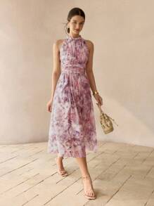 MOTF PREMIUM Vestito midi con vita arricciata, balze e stampa floreale all-over, outfit da donna