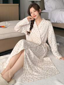 DAZY Women's Striped & Floral Wrap Long Sleeve Robe Pajama - Beige - View 5