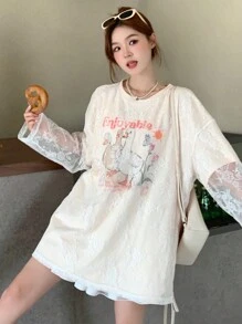 DAZY Camiseta de mujer de cuello redondo 2 en 1 con encaje, camiseta gráfica casual de verano de manga larga para mujer - Beis - Ver 3