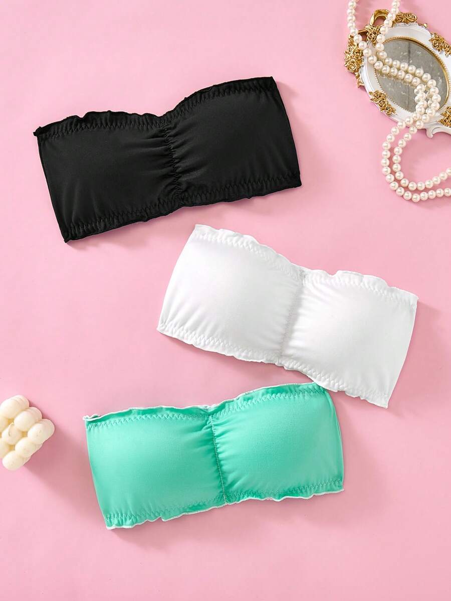 SHEIN 3pcs Tween Girls' Simple Comfortable Strapless Ruffle Trim Camisole Set - Multicolor - View 1