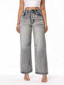 Women Loose Fit Straight Leg Casual Jeans With Pockets - Blue - View 3