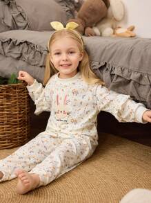 2pcs Young Girl Apricot Minimalist Ditsy Floral & Rabbit Embroidered Print Long Sleeve Pajama Set - Apricot - View 6