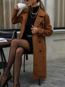 Aveloria Modichic Women's Faux Suede Trench Coat Notched Lapel Double Breasted Jacket With Belt 