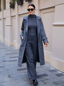 SHEIN Tall Double Breasted Slant Pocket Belted Overcoat - Grey - View 6