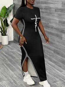 Slaydiva Black Casual Split Hem Dress For Women - Black and White - View 5