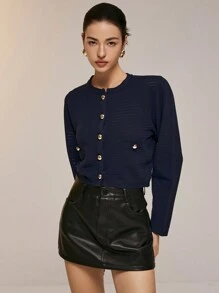 Poéselle Casual Metal Button Decor Cardigan For Women - Navy Blue - View 5