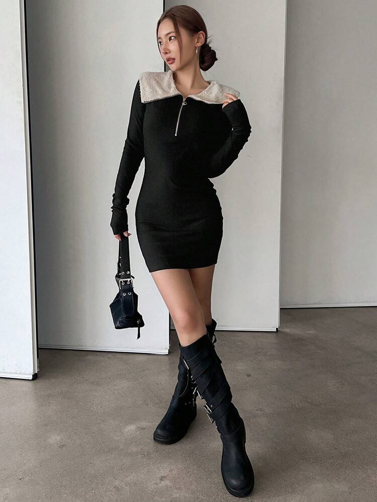Vestido de suéter de cuello alto térmico y forrado largo para mujer, vestido mini, ropa de otoño
