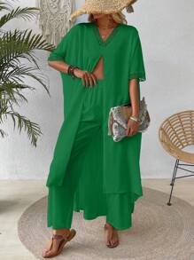 SHEIN LUNE 2 piezas/set Camisa y pantalones sueltos casuales con cuello en V y parche de encaje - Verde - Ver 6