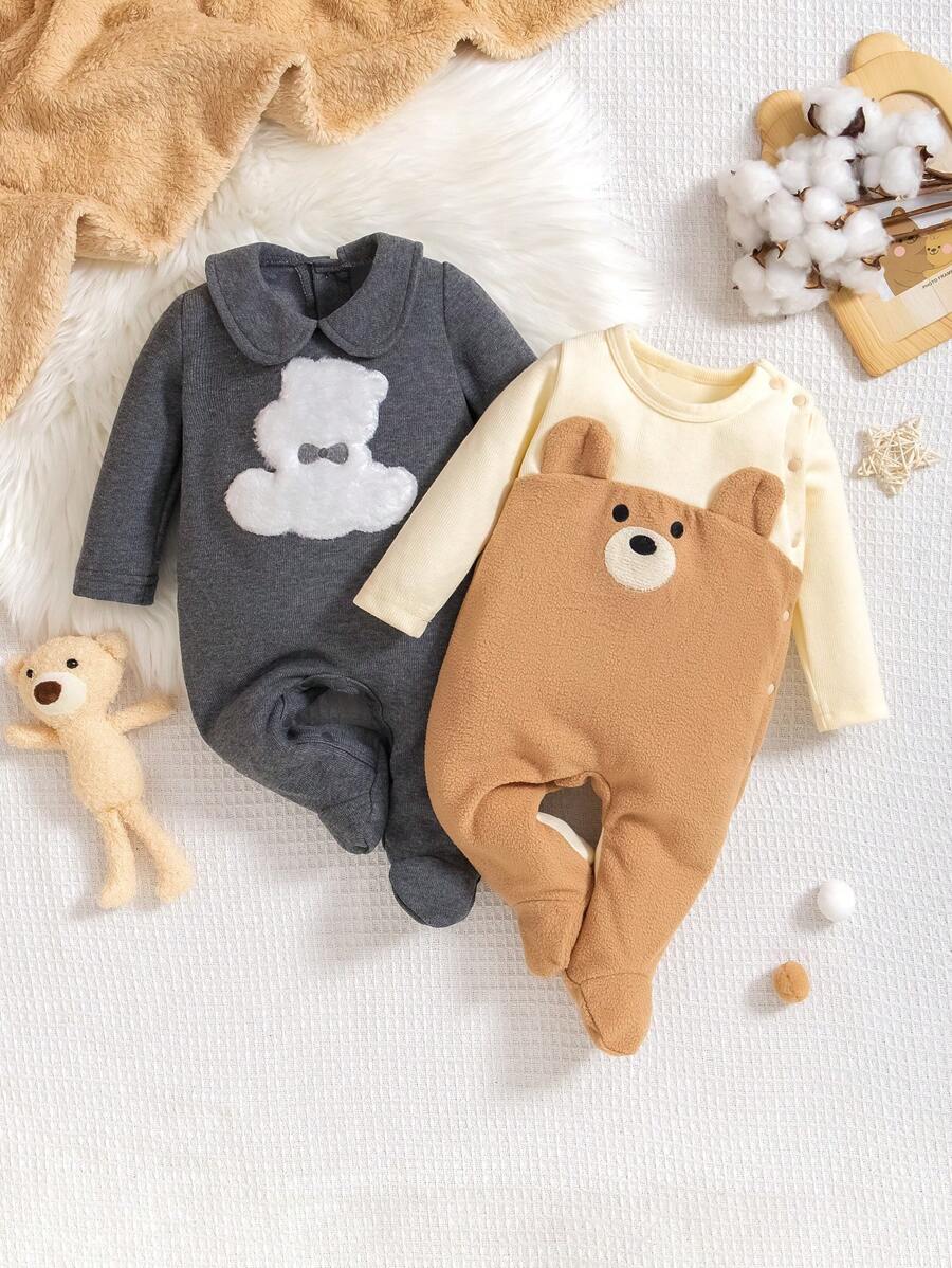 SHEIN 2 piezas Pijama de una pieza con mangas largas estampado de oso lindo gris y beige para bebés niños - Multicolor - Ver 1