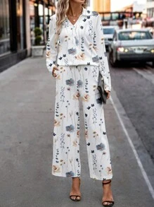 SHEIN Clasi 2 件套优雅花卉印花女式长袖上衣和裤子套装，适合秋冬季 - 彩色 - 查看 4