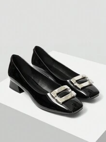 MOTF PREMIUM Damskie mokasyny na obcasie z kwadratową klamrą i bloczkiem - Czarne - Zobacz 2